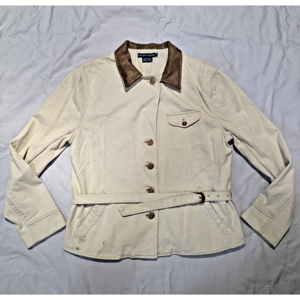 Ralph Lauren Blue Tag Womens Tan Car Coat VTG Leather Collar W/ Belt Womens Sz L